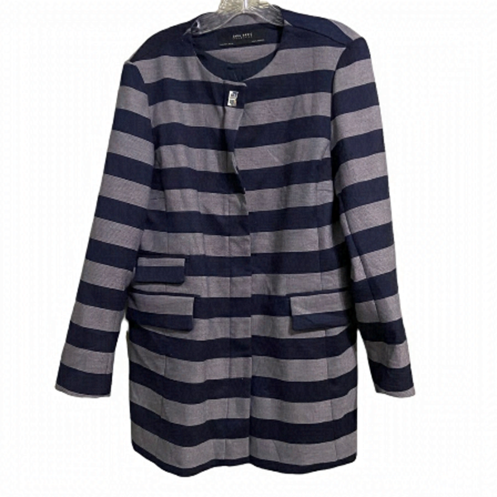 Zara SZ XL BLUE STRIPE LONG BLAZER